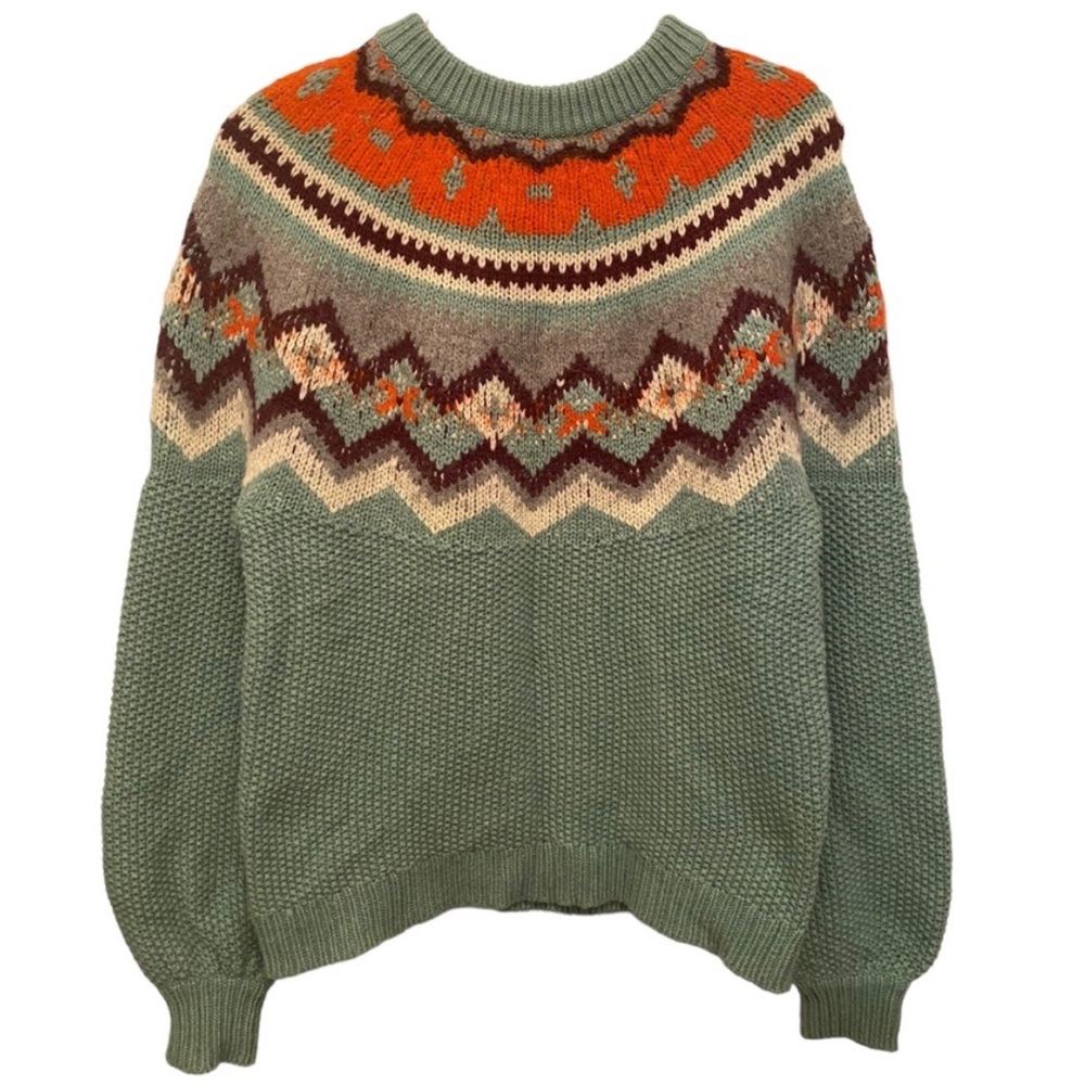 J. Crew teal aqua fair isle patterned soft wool blend knit ballon sleeve sweater